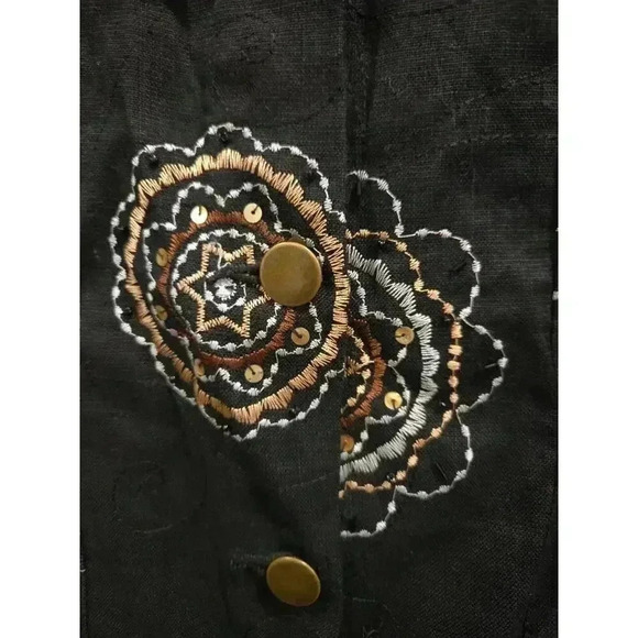 Mandarin Blue Women's Embroidered Black Linen Jacket 1X Button-Up Boho Artsy - Picture 2 of 11